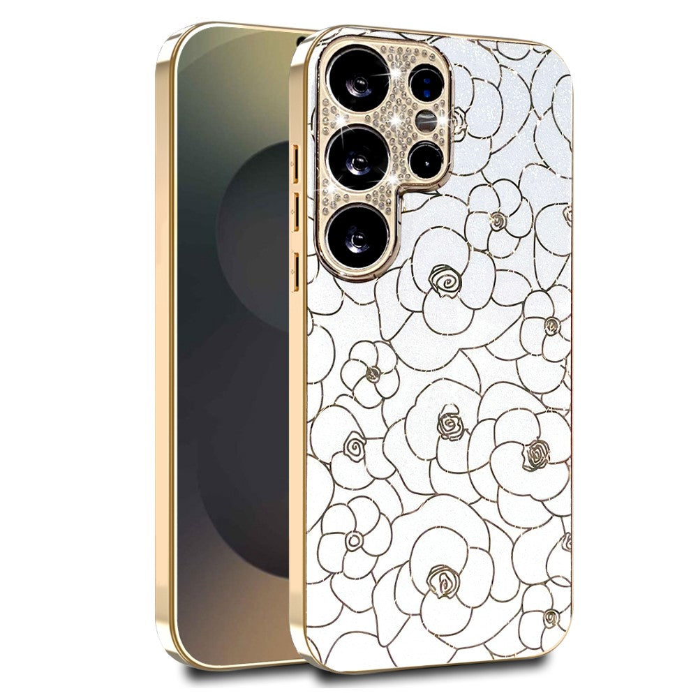 For Samsung Galaxy S26 Ultra Case Diamond Camera Ring Flower Pattern TPU PC Shockproof Protective Case