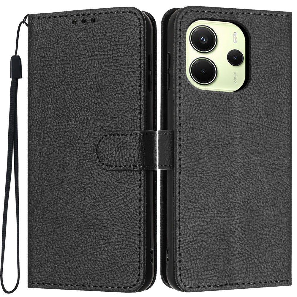 For Xiaomi Redmi Note 14 4G (164.84mm) Wallet Case Litchi Texture Leather Flip Cover with Card Slots and Hand Strap