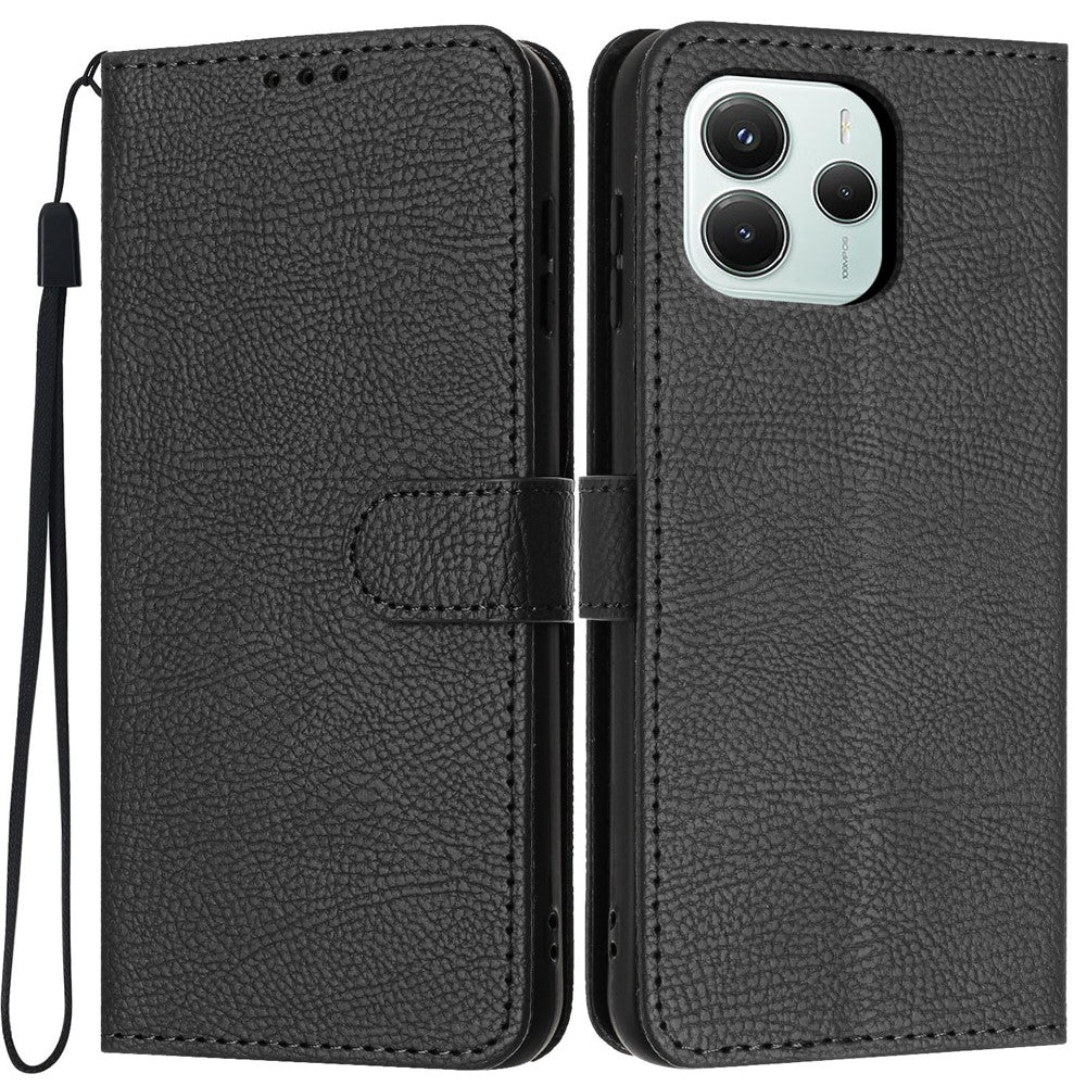 For Xiaomi Redmi Note 14 5G Wallet Case Litchi Texture Leather Flip Cover with Card Slots and Hand Strap