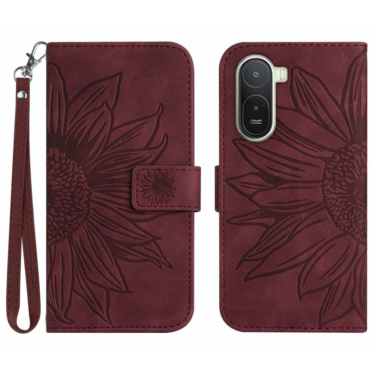 For Xiaomi Poco C85x 5G / Redmi A7 Pro 4G (171.56mm) Case Sunflower Imprint Leather Wallet Phone Cover with Wrist Strap