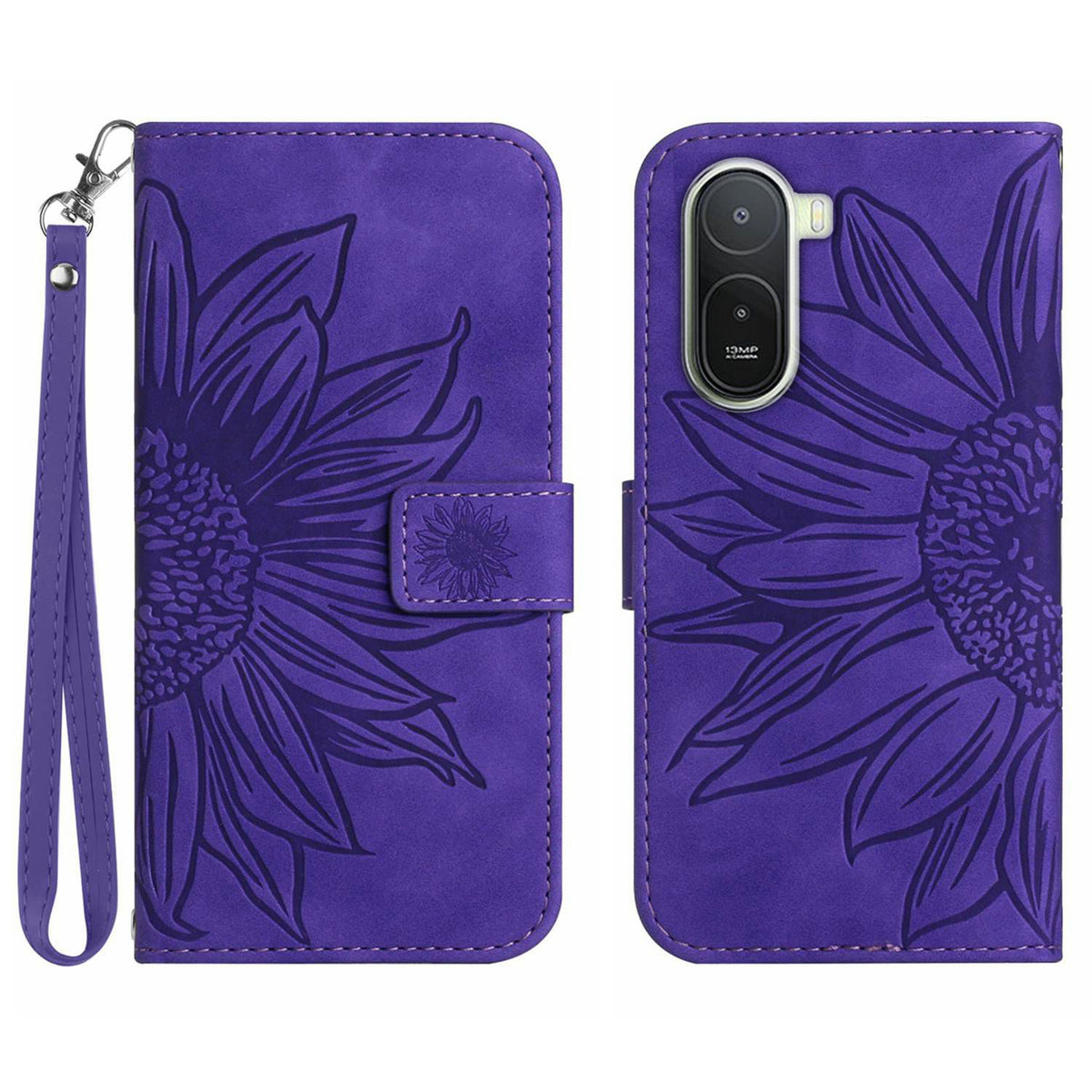 For Xiaomi Poco C85x 5G / Redmi A7 Pro 4G (171.56mm) Case Sunflower Imprint Leather Wallet Phone Cover with Wrist Strap