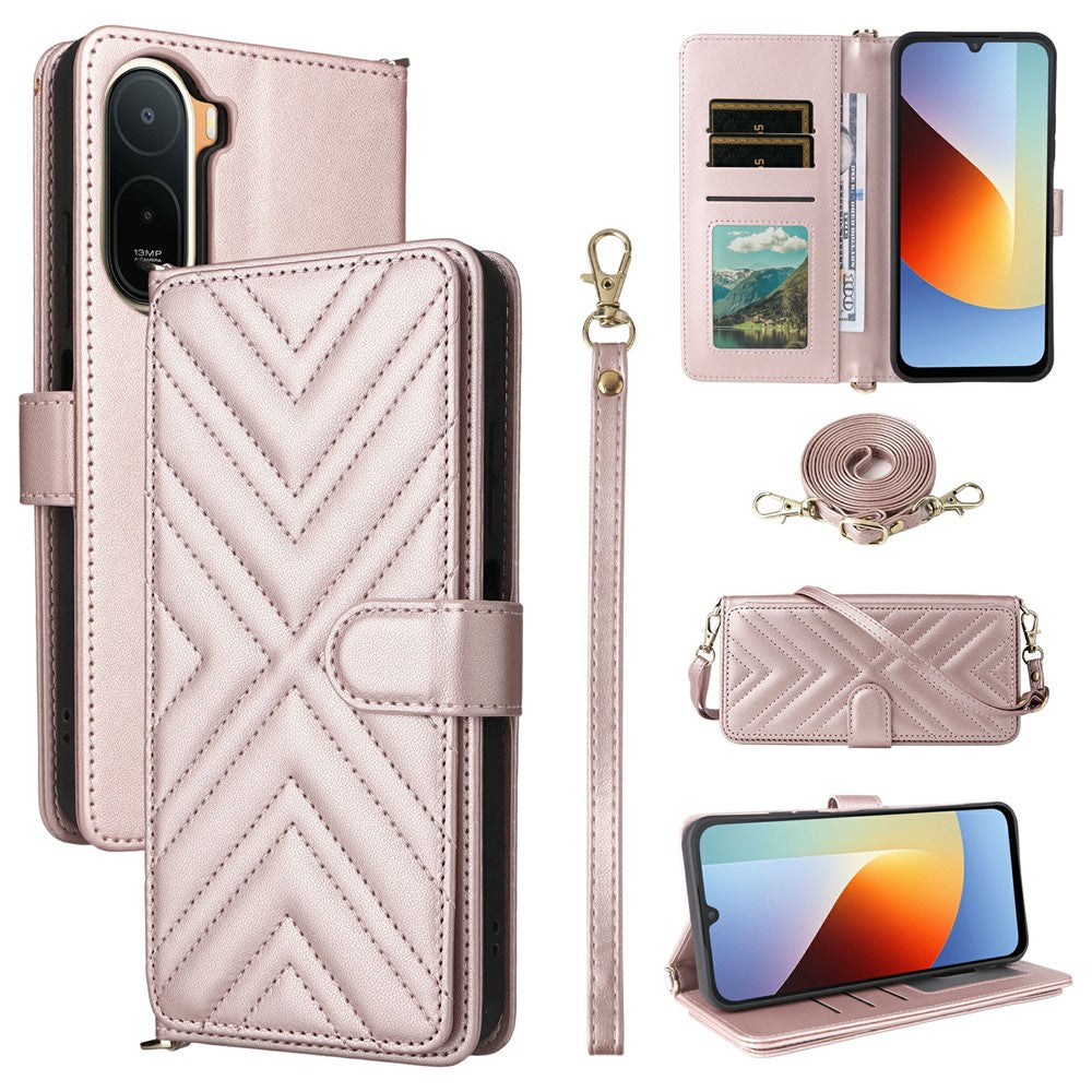 Läderfodral för Xiaomi Poco C85x 5G / Poco C81 4G / Poco C81 Pro 4G / Redmi A7 Pro 4G (171.56mm) / Redmi A7 Pro 5G Stativplånbok mobilskal med Axel-/Handledsrem