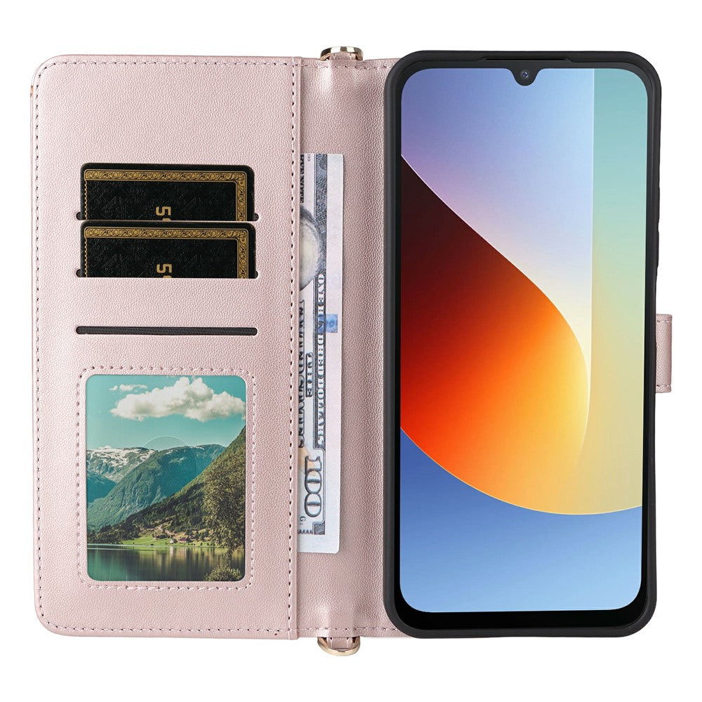 Læderetui til Xiaomi Poco C85x 5G / Poco C81 4G / Poco C81 Pro 4G / Redmi A7 Pro 4G (171.56 mm) / Redmi A7 Pro 5G, stående pungetui til telefon med skulderrem / håndledsrem