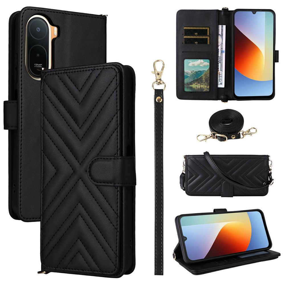 Læderetui til Xiaomi Poco C85x 5G / Poco C81 4G / Poco C81 Pro 4G / Redmi A7 Pro 4G (171.56 mm) / Redmi A7 Pro 5G, stående pungetui til telefon med skulderrem / håndledsrem