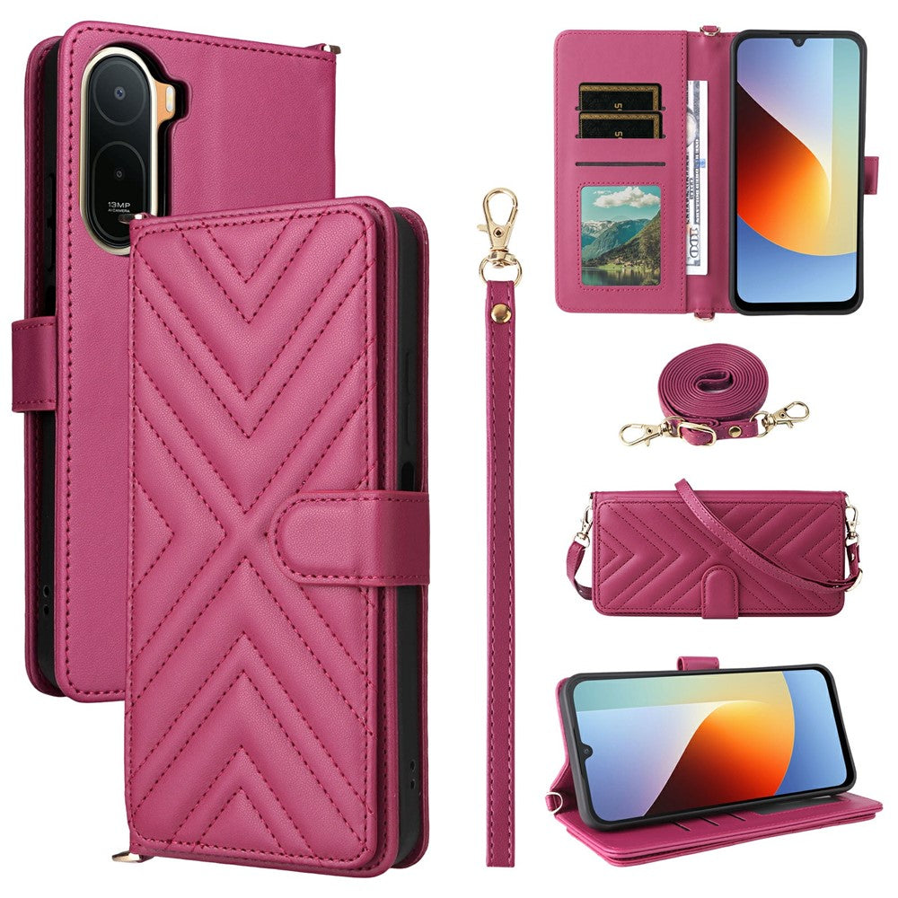 Læderetui til Xiaomi Poco C85x 5G / Poco C81 4G / Poco C81 Pro 4G / Redmi A7 Pro 4G (171.56 mm) / Redmi A7 Pro 5G, stående pungetui til telefon med skulderrem / håndledsrem