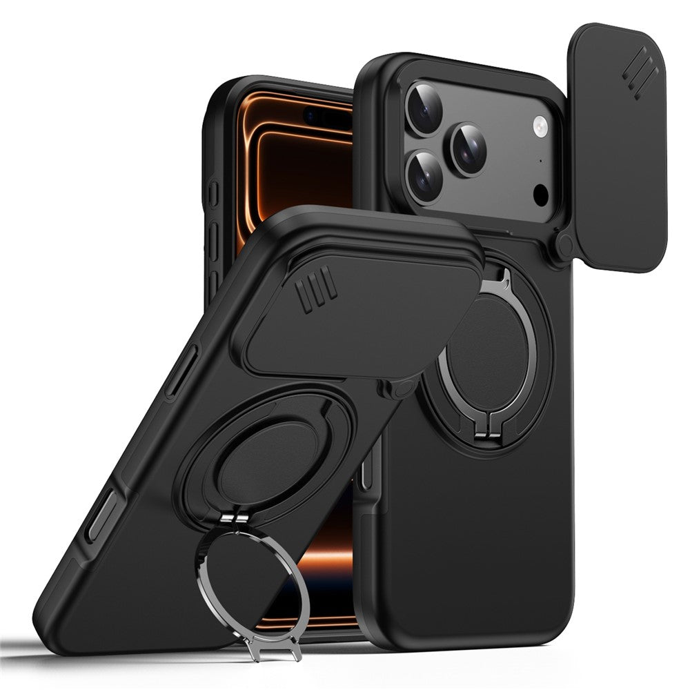 For iPhone 18 Pro Max / 17 Pro Max Magnetic Case Ring Kickstand Slide Camera Cover TPU PC Hybrid Phone Shell