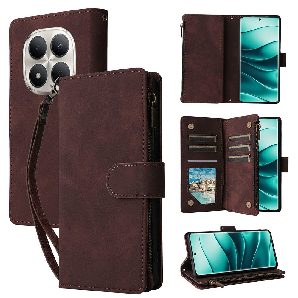 For Xiaomi Poco M8 5G  /  Redmi Note 15 5G (Global)  /  15 4G (Global) Case Zipper Wallet Multiple Card Slots Leather Phone Cover with Wrist Strap
