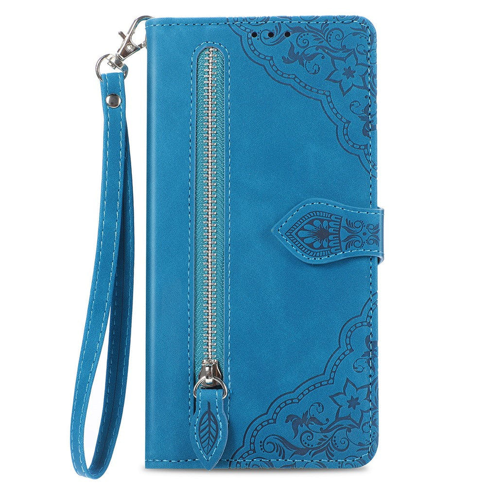 For Xiaomi Redmi Note 15 Pro 4G (Global) Zipper Wallet Case with Strap Flower Imprint PU Leather Phone Cover