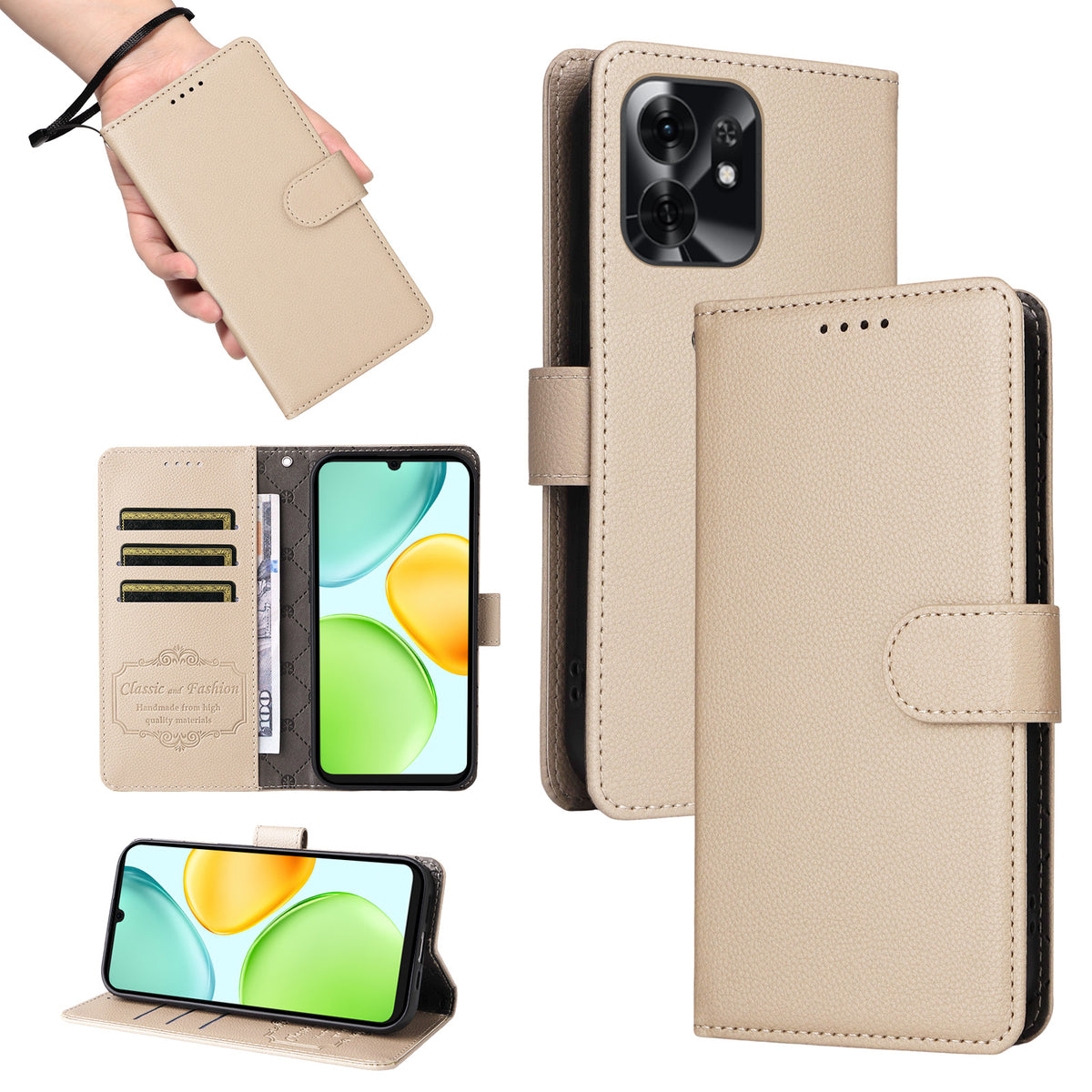 For Honor Play 60A 5G / Honor X6d 5G Case RFID Blocking 3 Card Slots PU Leather Phone Cover with Wrist Strap