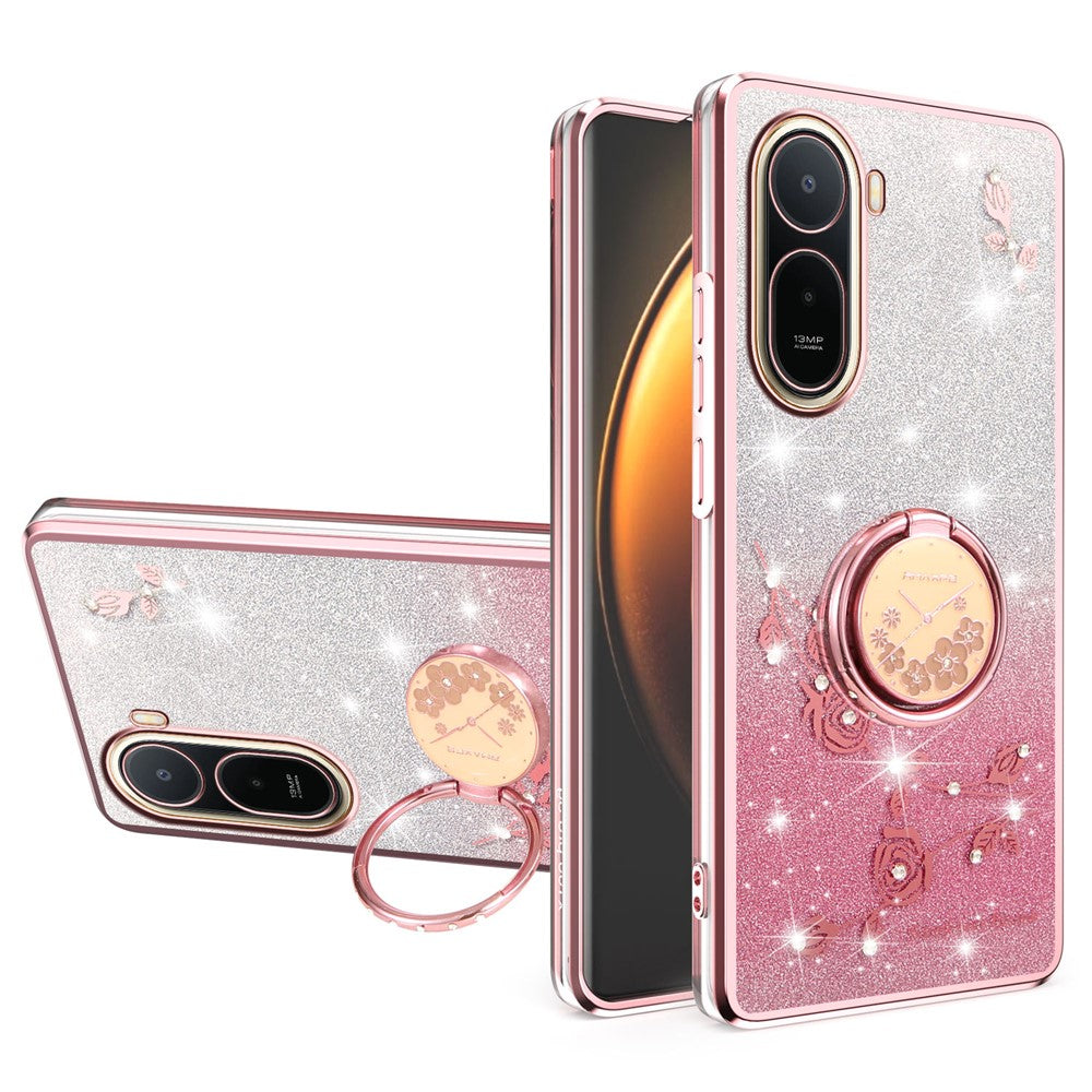 KADEM mobilskal för Xiaomi Poco C85x 5G / Redmi A7 Pro 4G (171.56mm) / Redmi A7 Pro 5G Ringstativ TPU Blommor mobilskal Gradient Glitter