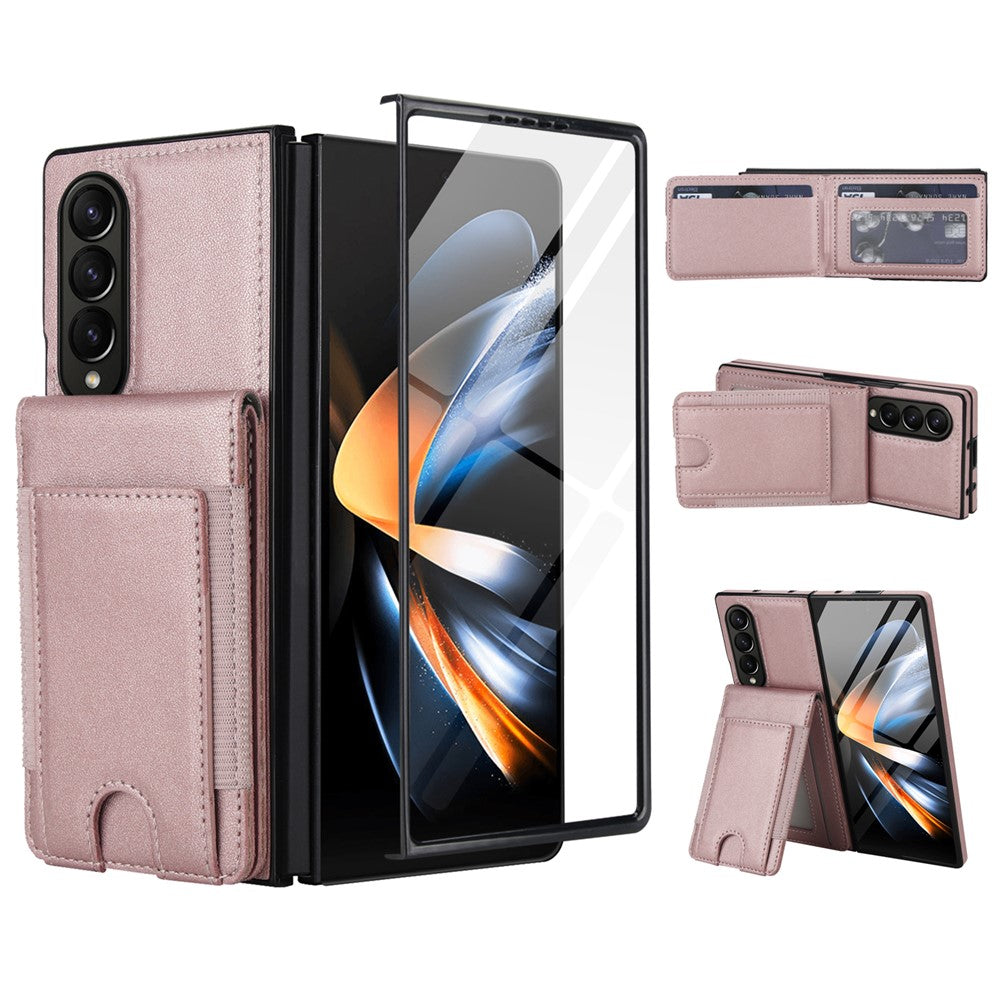 For Samsung Galaxy Z Fold4 5G Case Card Bag Kickstand Leather + PC Phone Cover with HD Screen Protector