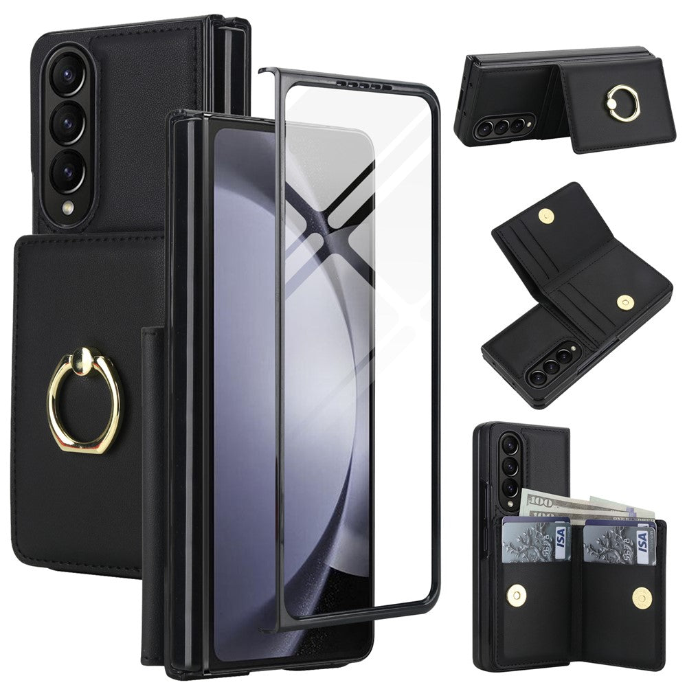 For Samsung Galaxy Z Fold4 5G Wallet Case Ring Holder PC PU Flip Phone Cover with HD Screen Protector
