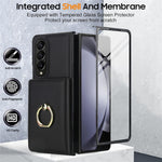 For Samsung Galaxy Z Fold4 5G Wallet Case Ring Holder PC PU Flip Phone Cover with HD Screen Protector