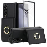 For Samsung Galaxy Z Fold4 5G Wallet Case Ring Holder PC PU Flip Phone Cover with HD Screen Protector