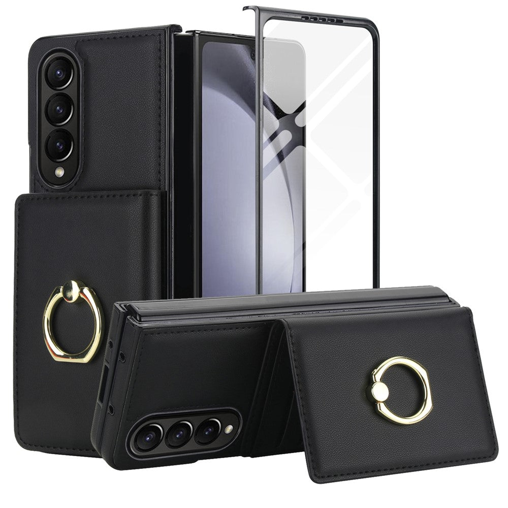 For Samsung Galaxy Z Fold4 5G Wallet Case Ring Holder PC PU Flip Phone Cover with HD Screen Protector