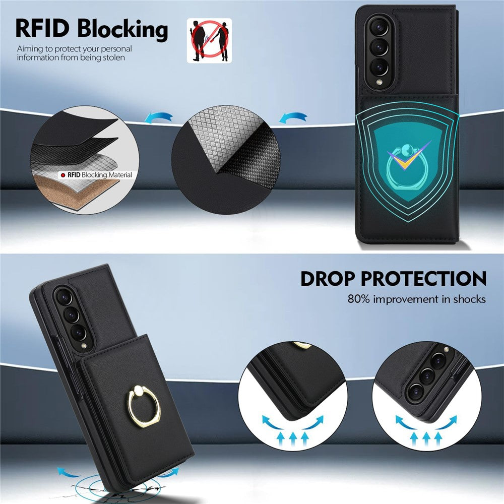 For Samsung Galaxy Z Fold4 5G Wallet Case Ring Holder PC PU Flip Phone Cover with HD Screen Protector
