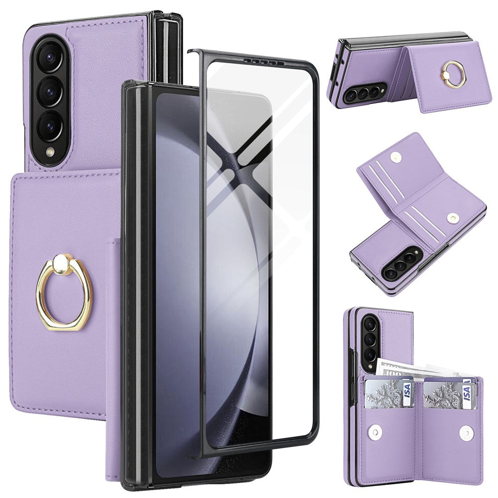 For Samsung Galaxy Z Fold4 5G Wallet Case Ring Holder PC PU Flip Phone Cover with HD Screen Protector