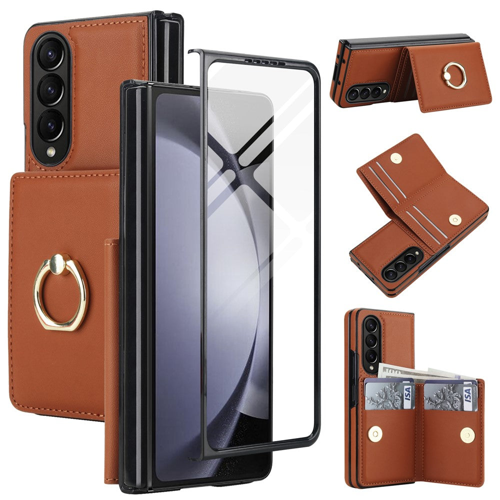 For Samsung Galaxy Z Fold4 5G Wallet Case Ring Holder PC PU Flip Phone Cover with HD Screen Protector