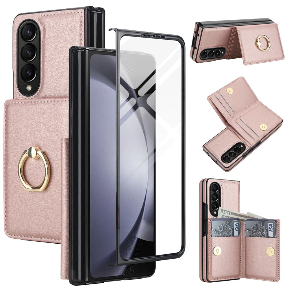 For Samsung Galaxy Z Fold4 5G Wallet Case Ring Holder PC PU Flip Phone Cover with HD Screen Protector