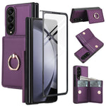 For Samsung Galaxy Z Fold4 5G Wallet Case Ring Holder PC PU Flip Phone Cover with HD Screen Protector