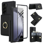 For Samsung Galaxy Z Fold5 5G Wallet Case Ring Holder PC PU Flip Phone Cover with HD Screen Protector