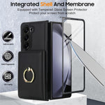 For Samsung Galaxy Z Fold5 5G Wallet Case Ring Holder PC PU Flip Phone Cover with HD Screen Protector