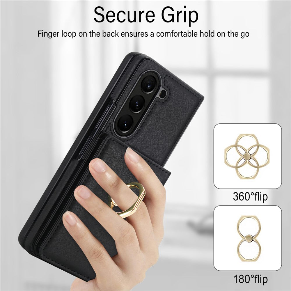 For Samsung Galaxy Z Fold5 5G Wallet Case Ring Holder PC PU Flip Phone Cover with HD Screen Protector