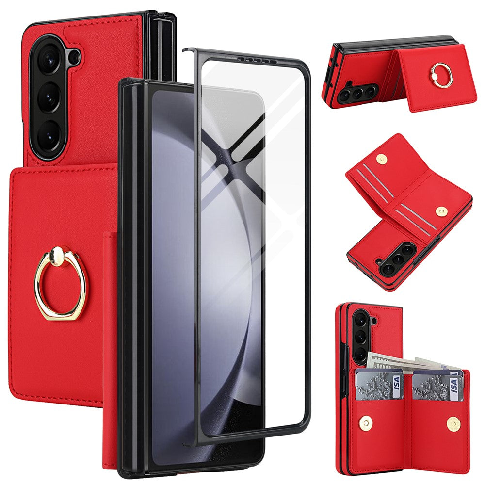 For Samsung Galaxy Z Fold5 5G Wallet Case Ring Holder PC PU Flip Phone Cover with HD Screen Protector