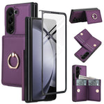For Samsung Galaxy Z Fold5 5G Wallet Case Ring Holder PC PU Flip Phone Cover with HD Screen Protector