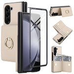 For Samsung Galaxy Z Fold5 5G Wallet Case Ring Holder PC PU Flip Phone Cover with HD Screen Protector