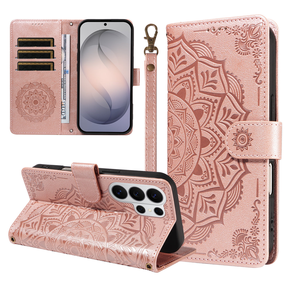 For Samsung Galaxy S26 Ultra Wallet Case Embossed Mandala Pattern PU Leather + TPU Cover with Wrist Strap