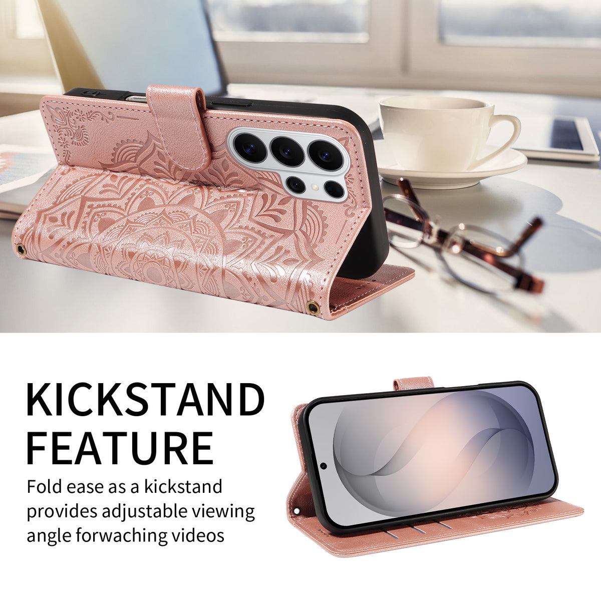 For Samsung Galaxy S26 Ultra Wallet Case Embossed Mandala Pattern PU Leather + TPU Cover with Wrist Strap