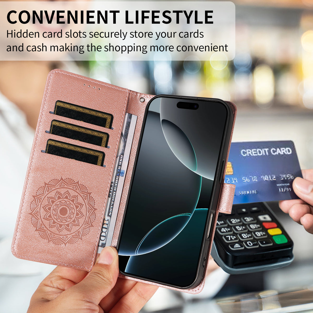 For Samsung Galaxy S26 Ultra Wallet Case Embossed Mandala Pattern PU Leather + TPU Cover with Wrist Strap