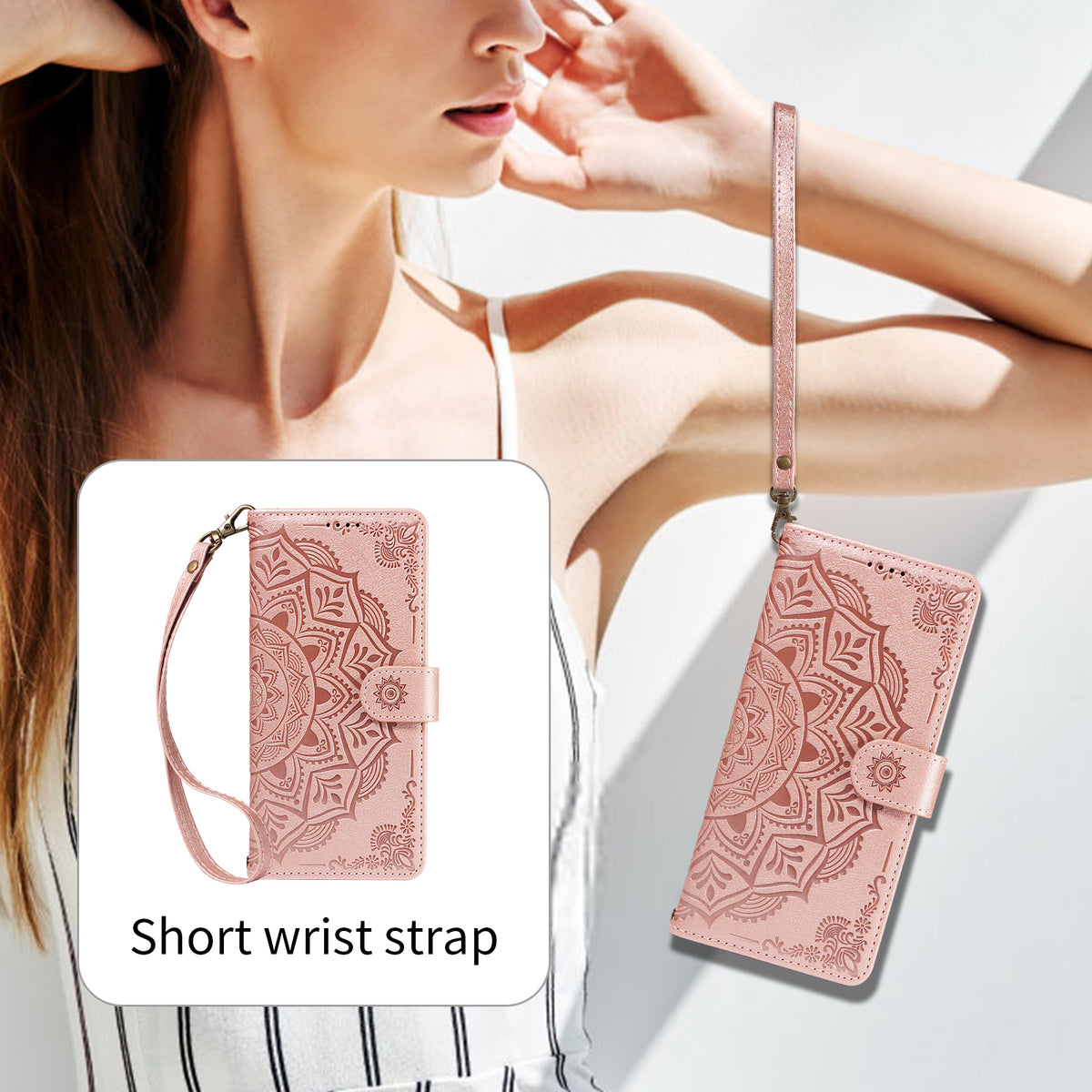 For Samsung Galaxy S26 Ultra Wallet Case Embossed Mandala Pattern PU Leather + TPU Cover with Wrist Strap