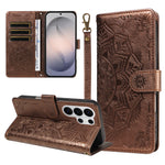 For Samsung Galaxy S26 Ultra Wallet Case Embossed Mandala Pattern PU Leather + TPU Cover with Wrist Strap