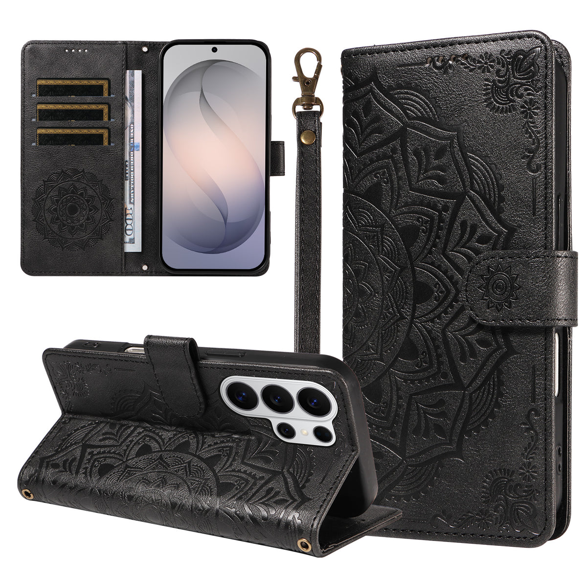 For Samsung Galaxy S26 Ultra Wallet Case Embossed Mandala Pattern PU Leather + TPU Cover with Wrist Strap