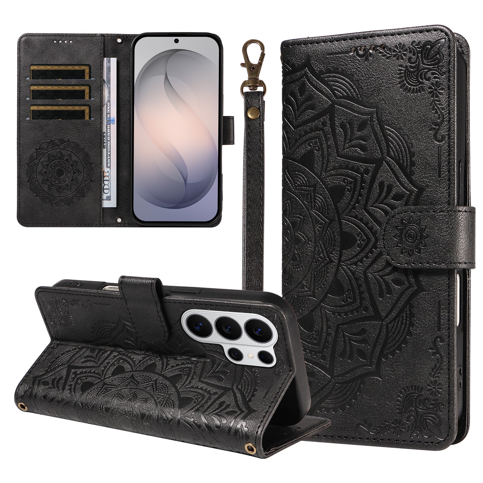 Samsung Galaxy S26 Ultra Plånboksfodral Präglat Mandala Mönster PU-läder + TPU-fodral med Handledsrem