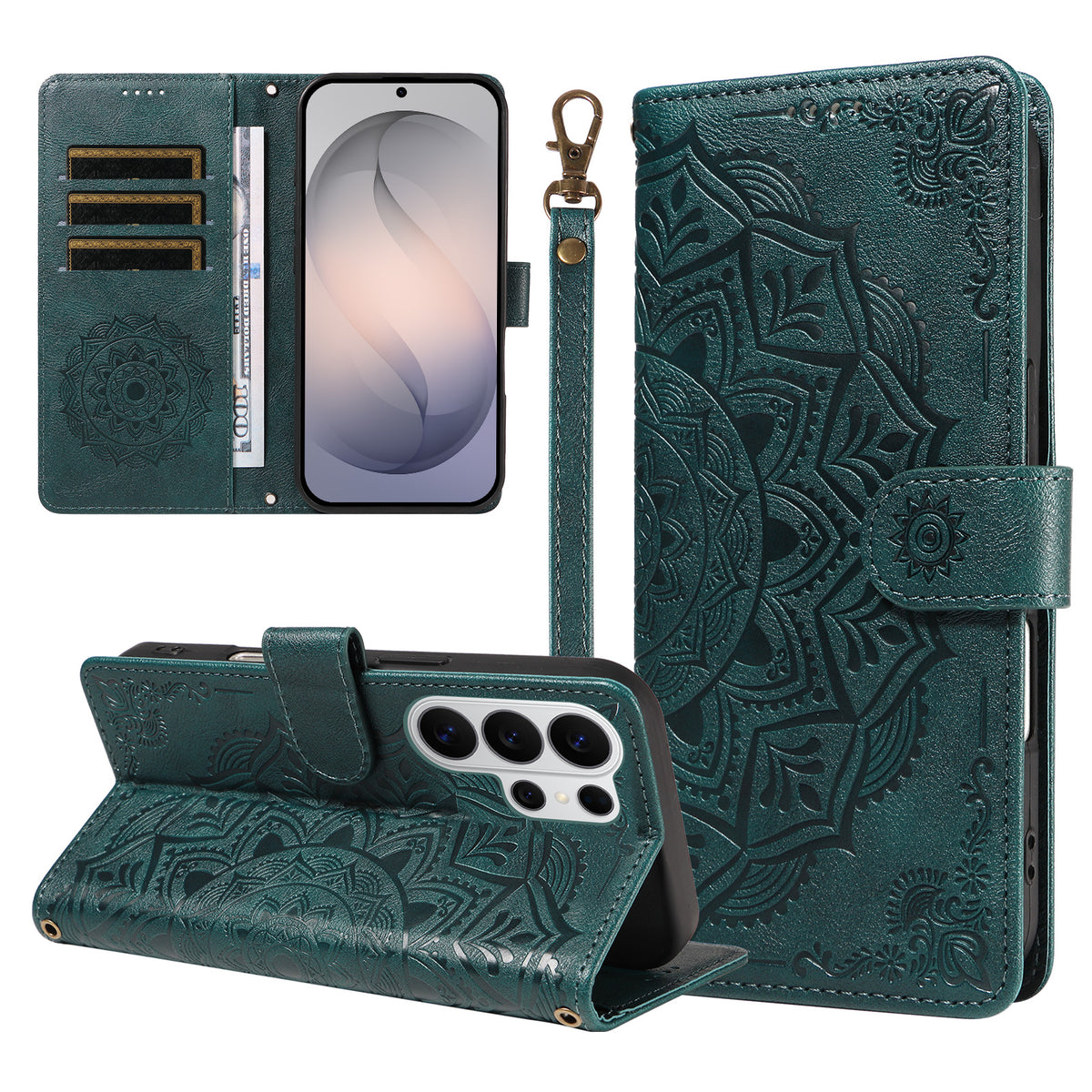 For Samsung Galaxy S26 Ultra Wallet Case Embossed Mandala Pattern PU Leather + TPU Cover with Wrist Strap