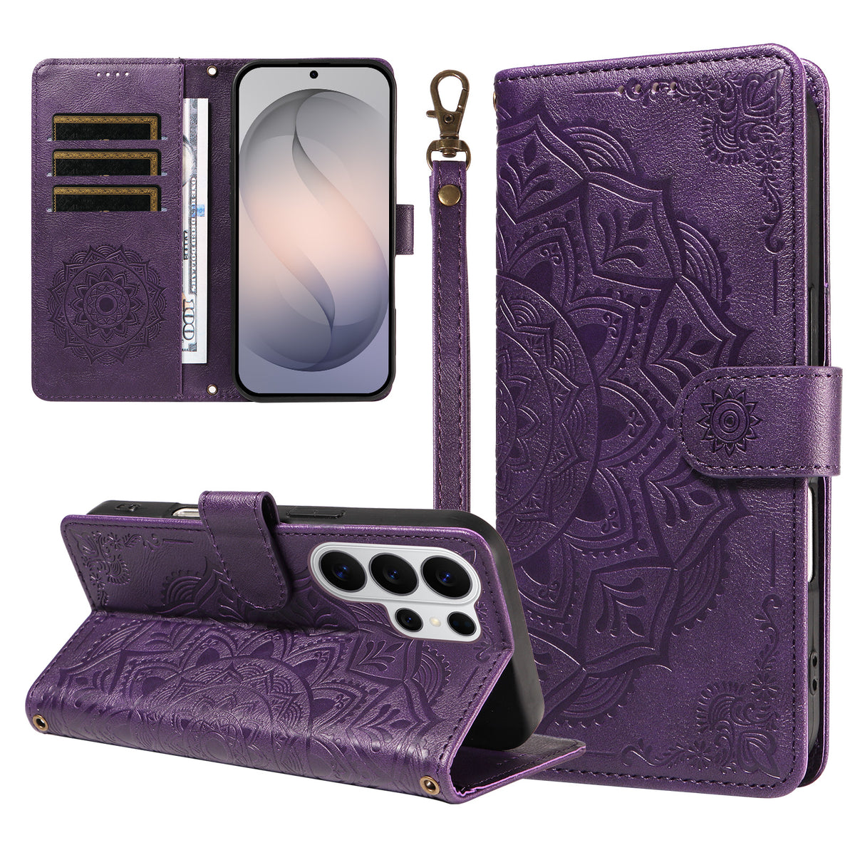 For Samsung Galaxy S26 Ultra Wallet Case Embossed Mandala Pattern PU Leather + TPU Cover with Wrist Strap