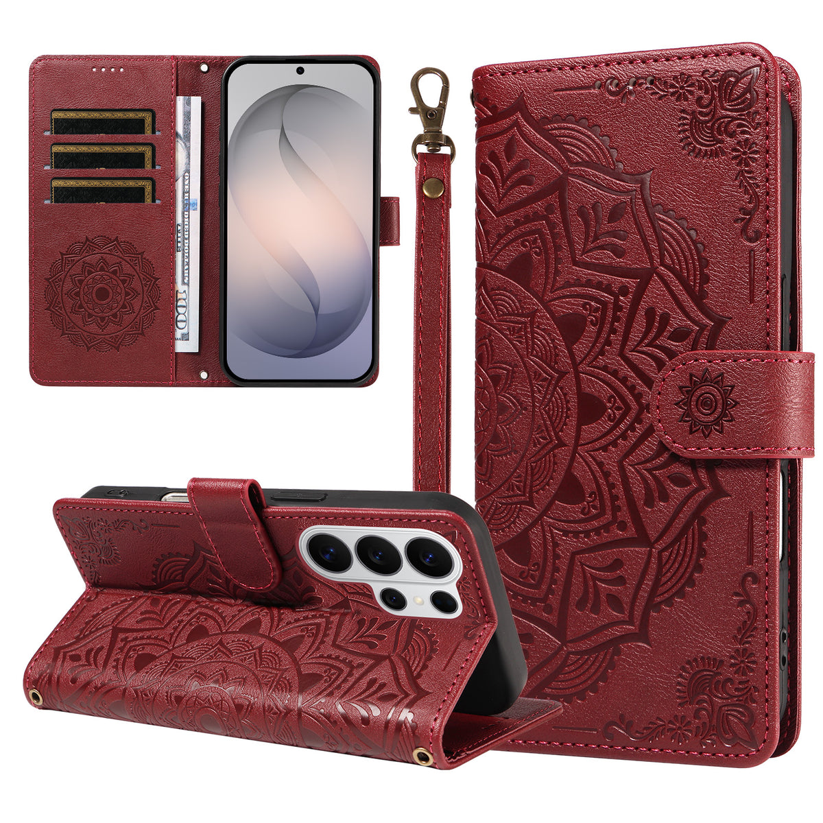 For Samsung Galaxy S26 Ultra Wallet Case Embossed Mandala Pattern PU Leather + TPU Cover with Wrist Strap