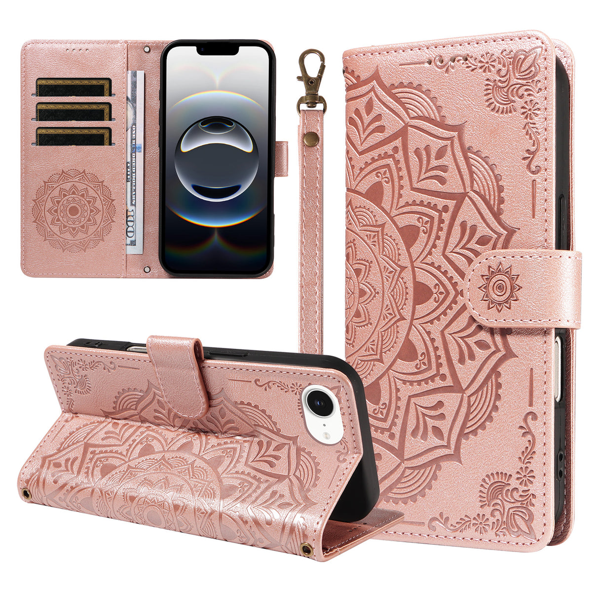 För iPhone 16e / iPhone 17e Plånboksfodral Präglat Mandala-mönster PU-läder + TPU-skal med Handledsrem