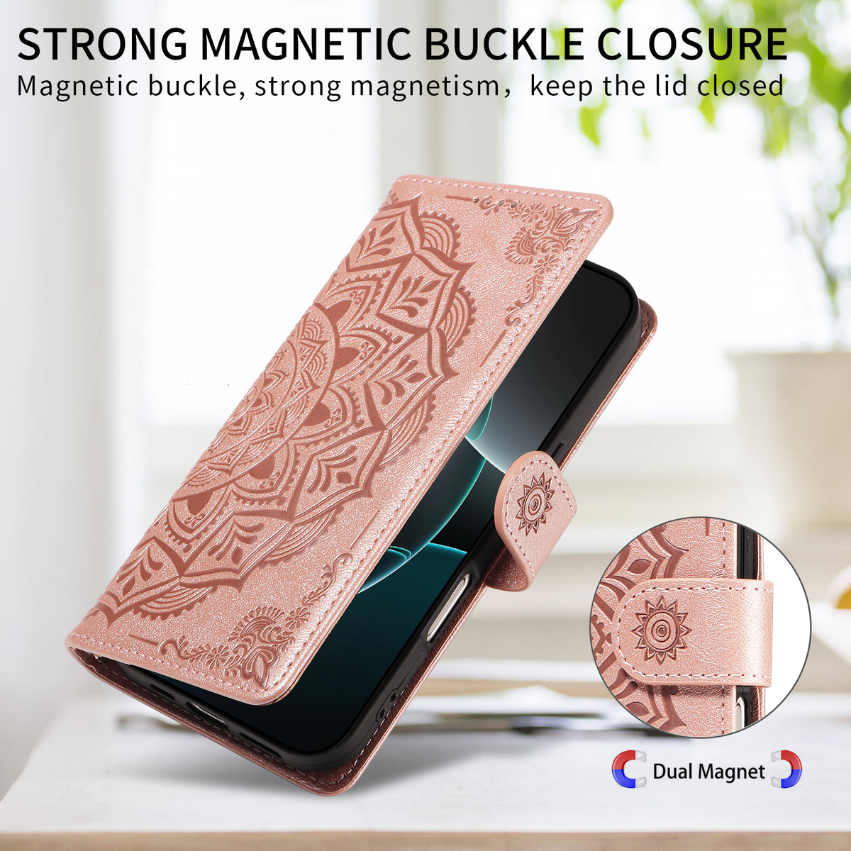 För iPhone 16e / iPhone 17e Plånboksfodral Präglat Mandala-mönster PU-läder + TPU-skal med Handledsrem