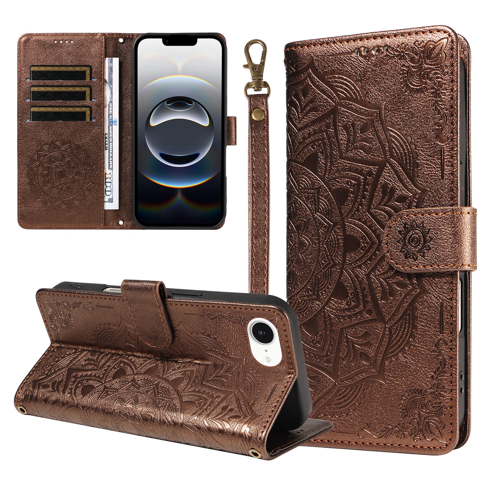 Til iPhone 16e / iPhone 17e Pungcover præget mandala-mønster PU-læder + TPU-cover med håndledsrem