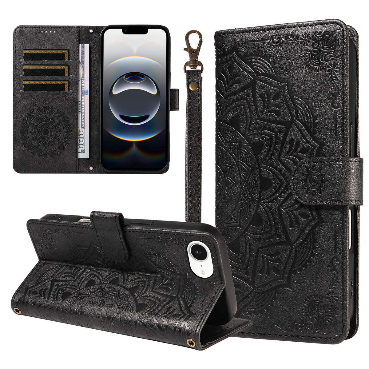 För iPhone 16e / iPhone 17e Plånboksfodral Präglat Mandala-mönster PU-läder + TPU-skal med Handledsrem