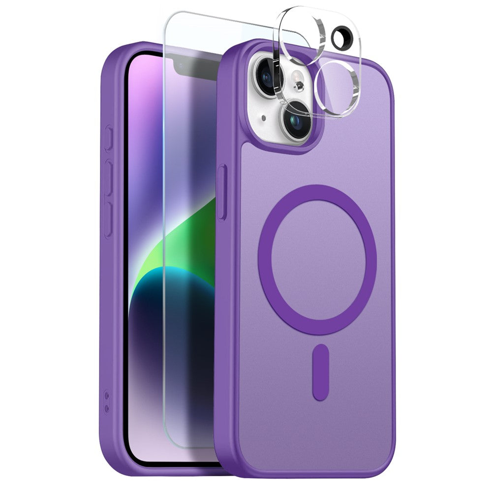 NORTHJO For iPhone 14 Plus Magnetic Case Translucent Matte Shockproof Phone Cover Set with Front Screen Protector + Lens Film