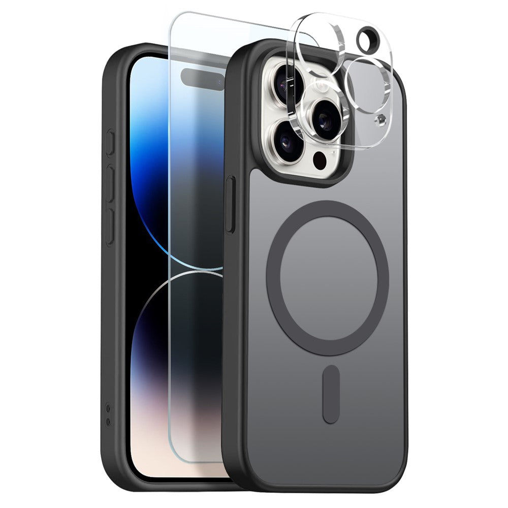 NORTHJO For iPhone 14 Pro Max Magnetic Case Translucent Matte Shockproof Phone Cover Set with Front Screen Protector + Lens Film