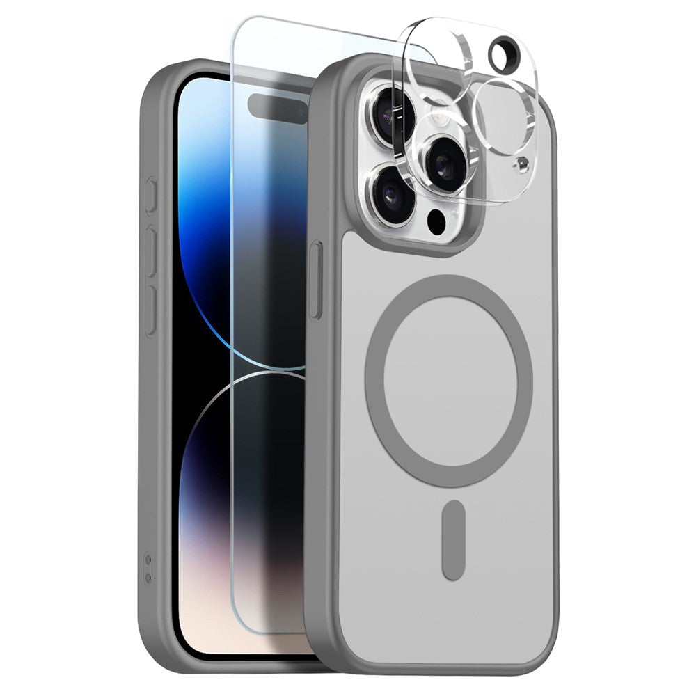 NORTHJO For iPhone 14 Pro Max Magnetic Case Translucent Matte Shockproof Phone Cover Set with Front Screen Protector + Lens Film