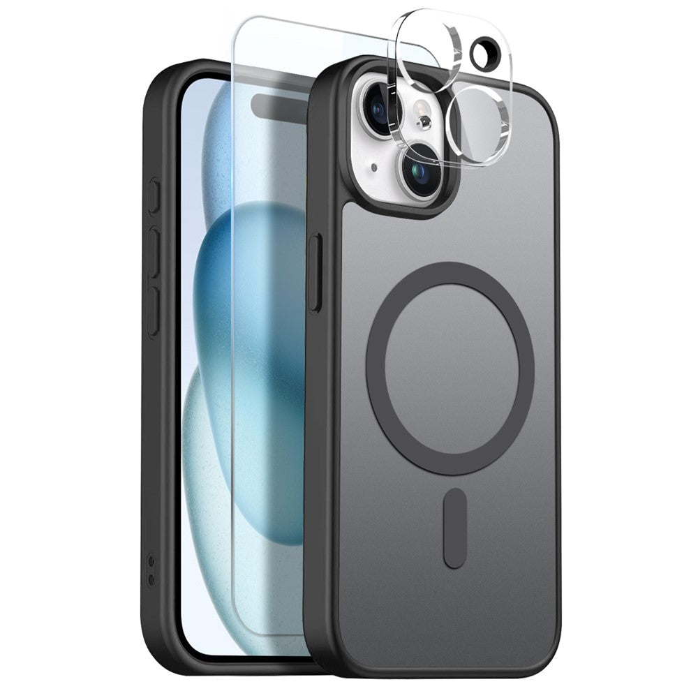 NORTHJO For iPhone 15 Plus Magnetic Case Translucent Matte Shockproof Phone Cover Set with Front Screen Protector + Lens Film
