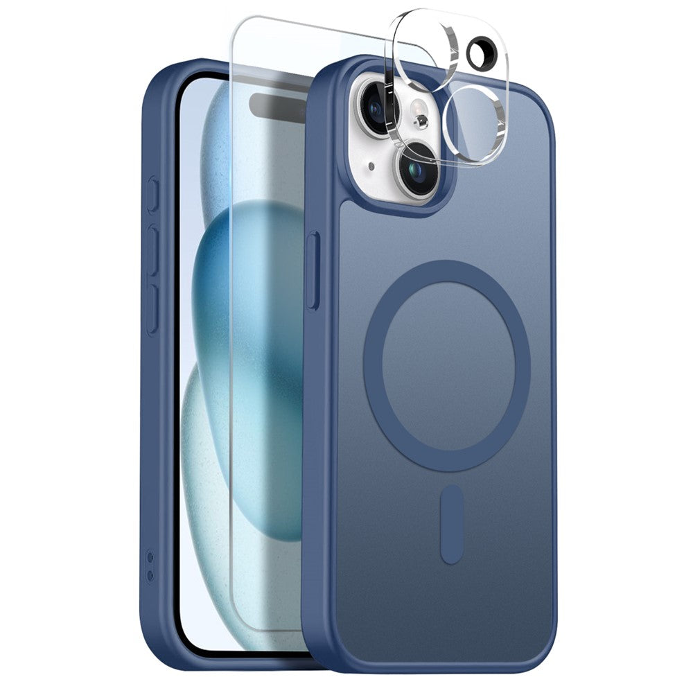 NORTHJO For iPhone 15 Plus Magnetic Case Translucent Matte Shockproof Phone Cover Set with Front Screen Protector + Lens Film