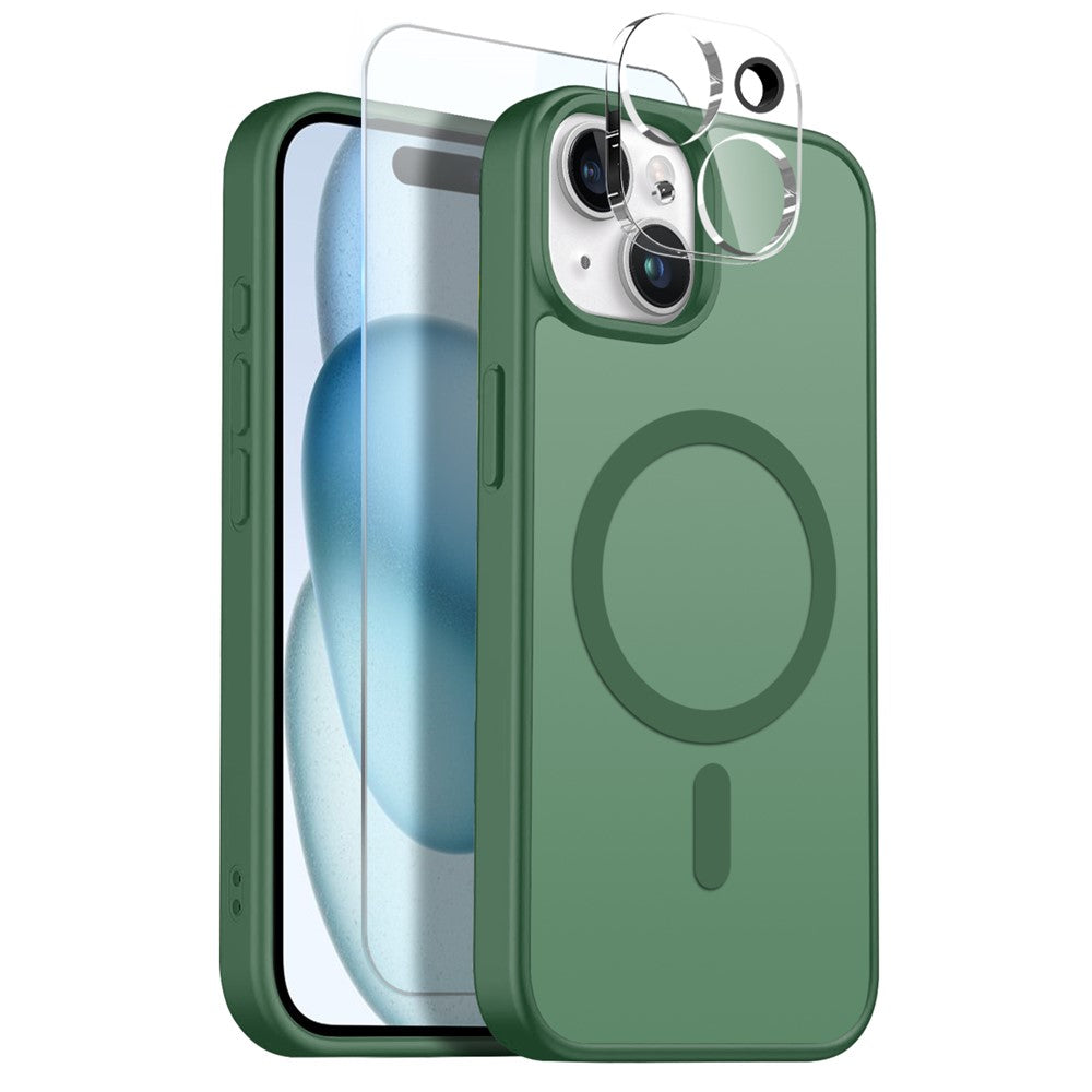 NORTHJO For iPhone 15 Plus Magnetic Case Translucent Matte Shockproof Phone Cover Set with Front Screen Protector + Lens Film